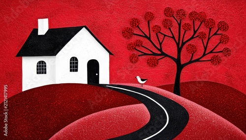 Red Hillside House with Winding Road and Bird