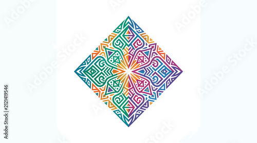 Vibrant rainbow colored intricate geometric mandala diamond shape illustration.