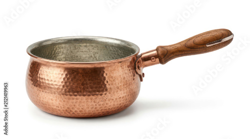 Hammered Copper Saucepan with Wooden Handle Isolated on White.