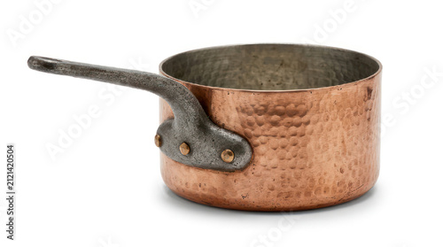 Old Copper Saucepan with Metal Handle Isolated on White.