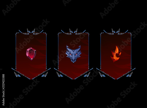 Fotografía Fantasy medieval banner collection with blue metallic frames featuring ruby, dragon, and fire emblem designs for RPG, TCG, CCG, faction, guild, reward, profile, and game UI