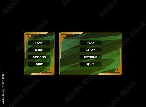 Fantasy futuristic game menu collection featuring modern gold UI panels with vertical and horizontal layouts for RPG, TCG, CCG, mobile, strategy, inventory, settings, and menu interface design.