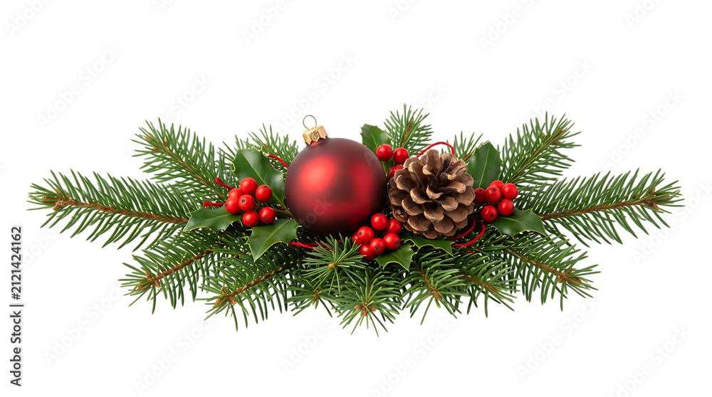 Obraz premium Christmas festive arrangement with red bauble pine cone holly leaves and fir branches on black background