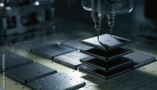 Microchip circuit technology electronic component industrial manufacturing automation precision robot arm microchip circuit technology electronic component industrial manufacturing automation