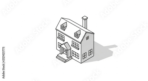 Clean modern minimalist line art illustration of a 3-story house in isometric view on white background.