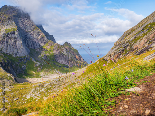 Trail to Helvetenstinden from the Bunes Beach, Norwey