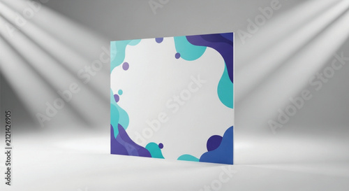Modern abstract shapes vector illustration with clean design and playful colors, isolated on a studio background with light rays.