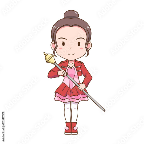 Cartoon illustration of cute drum major girl holding baton.