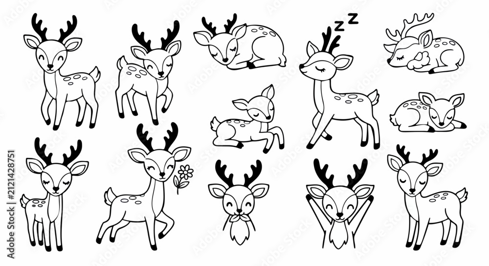 Obraz premium Collection of cute hand-drawn deer characters in various poses for kids' coloring activities.