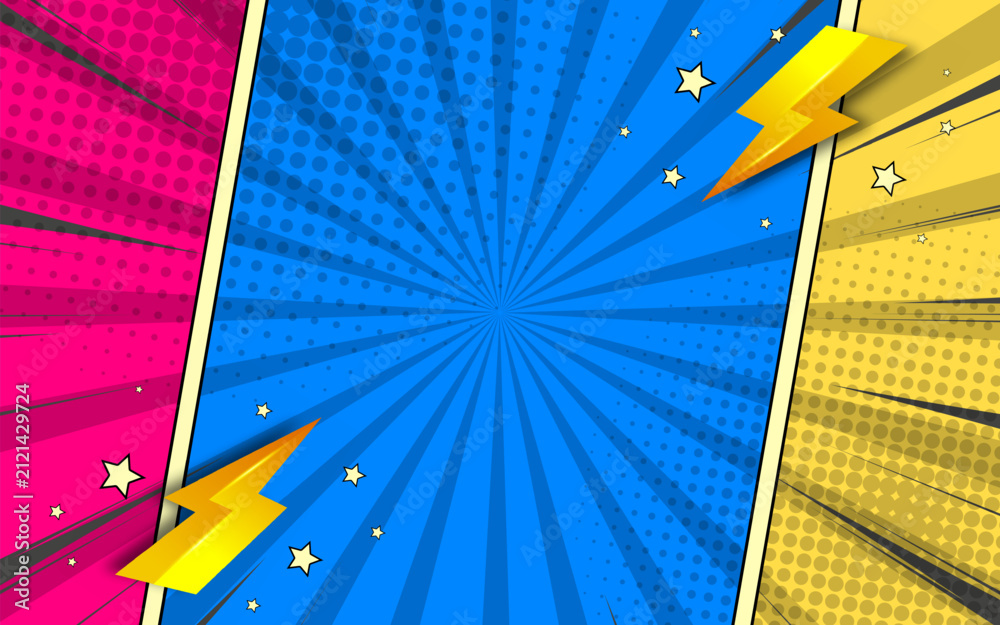 Fototapeta premium Comic page frames. Blank superhero comic book pages with radial or striped backgrounds, funny strips, different pop page compositions.