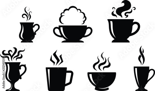 Coffee and tea cup silhouette set with steam designs in vector styleCoffee and tea cup silhouette set with steam designs in vector style