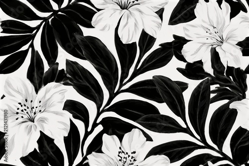 Hand drawn tropical forest flowers, black and white seamless pattern background vector illustration
