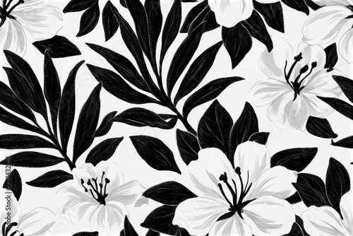 Hand drawn tropical forest flowers, black and white seamless pattern background vector illustration
