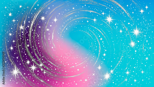 Dreamy abstract galaxy background with swirling pastel colors, sparkling stars and cosmic dust. Fantasy universe illustration with vibrant celestial vortex and copy space for creative designs 