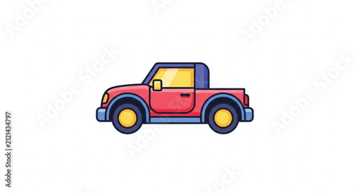 Vibrant Flat Illustration of a Pink Car with Blue Accents and Yellow Wheel Accent