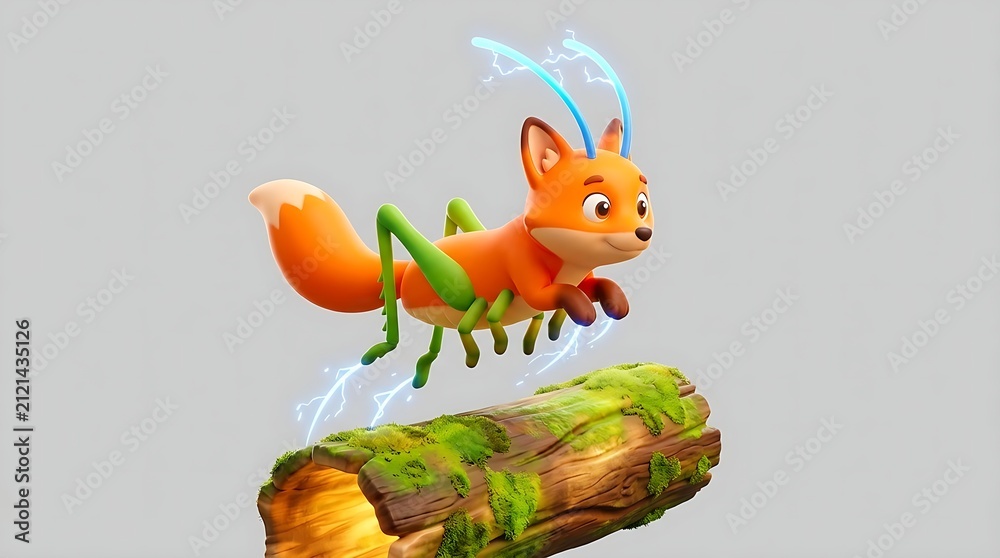 Naklejka premium Adorable fantasy fox insect hybrid leaping over a mossy hollow log