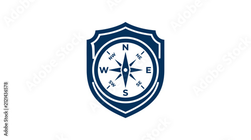 Minimalist navy blue shield logo design featuring a classic nautical compass.