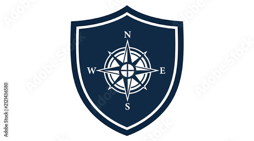 Minimalist Compass Emblem Inside A Dark Blue Shield Design.
