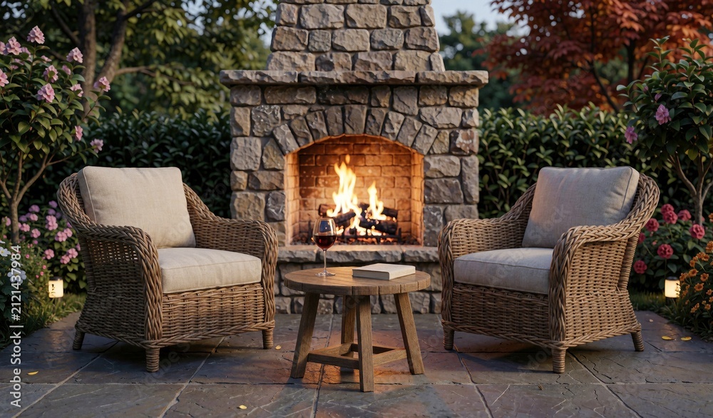 Fototapeta premium Cozy Outdoor Seating by Stone Fireplace Evening Relaxation Ambiance