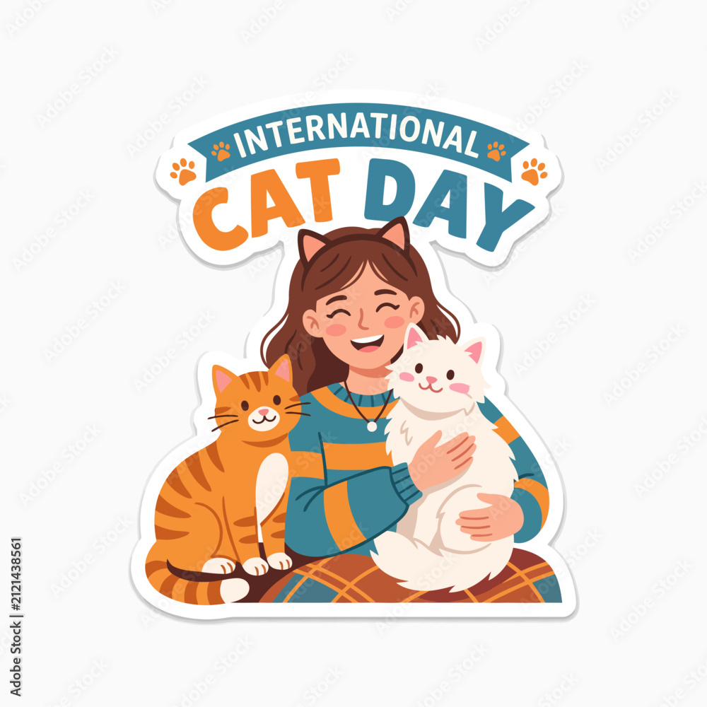 Fototapeta premium International Cat Day sticker design, cute girl hugging her fluffy white cat and orange tabby, vector illustration for pet lovers isolated on White Background