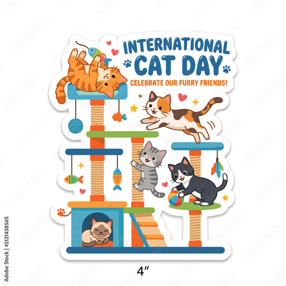 Fototapeta premium International Cat Day sticker design, cute cartoon kittens playing on a cat tree house, colorful feline pet illustration EPS isolated on White Background