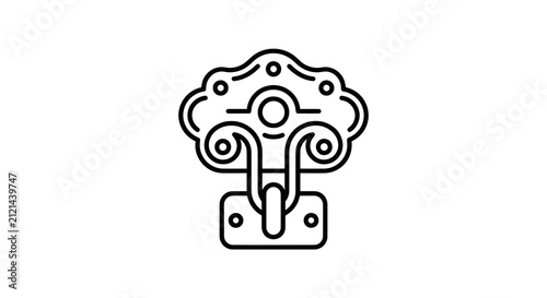 Vintage ornate chest clasp, antique lock mechanism, decorative hardware, engraved metal detail, isolated on white background, line art icon