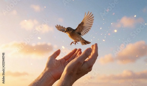 Bird Flying from Open Hands at Sunset Sky Hope Freedom