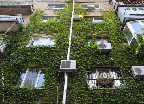 Building covered in green plants with air conditioning units on a sunny day