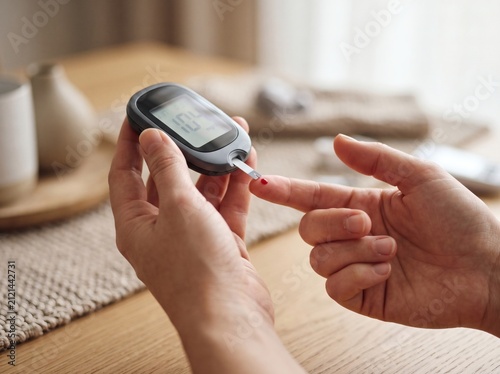 Person checking their blood glucose level with a portable digital monitor