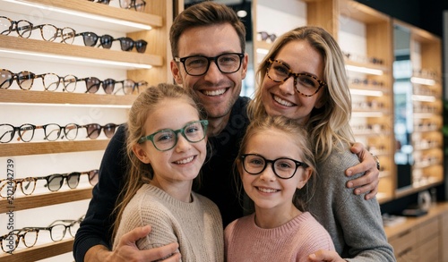 Happy Family Shopping Glasses in Trendy Optician Store
