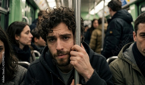 Young Man Worried on Subway Train Commute Stressful Urban Journey