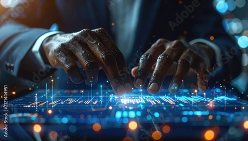 Hands interacting with glowing digital futuristic data interface.