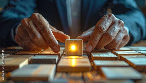 Hands placing a wooden block with central glowing light.