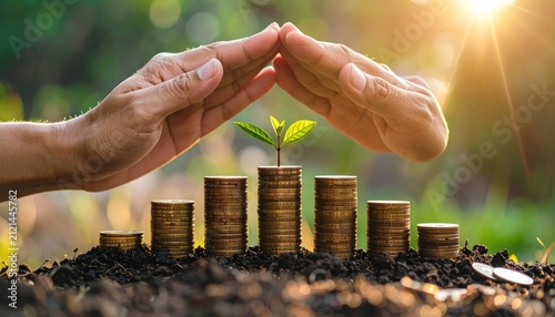 Hands protecting growing plant on stacks of gold coins.
