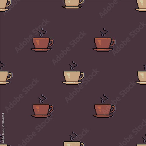 Vector Seamless Pattern of Pixelated Coffee Cups