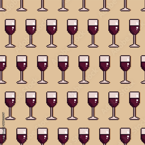 Vector Seamless Pattern of Pixel Art Wine Glasses