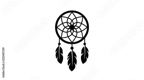 Minimalist black and white dreamcatcher icon with feathers.