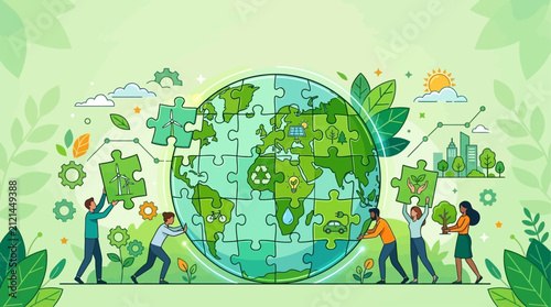 Sustainable earth puzzle vector, green ecology concept, global environmental teamwork