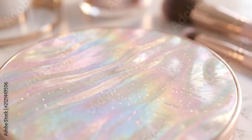 Makeup compact featuring an iridescent pearlescent finish sits on a marble surface alongside professional brushes.