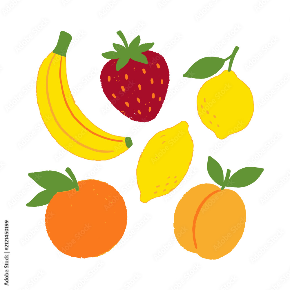 Obraz premium Vibrant assortment of ripe fruits including banana strawberry lemon orange and peach.