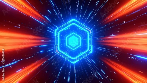 Blue hexagon with orange light beams