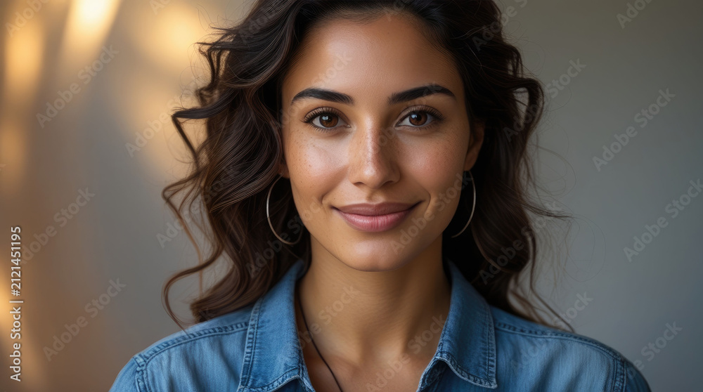 Fototapeta premium Portrait of a smiling young woman with wavy hair in a denim shirt, professional headshot. beauty wellness lifestyle, confident expression.