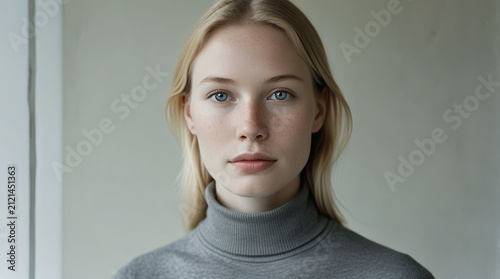 Portrait of a blonde Nordic woman in a grey turtleneck sweater looking directly into the camera. authentic natural beauty, clean no-makeup skin.