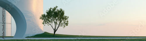 Minimal architecture modern building curved structure green tree urban park sunset light outdoor scene clean design empty space landscape background Minimal architecture meets solitary green tree