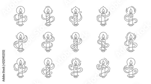 Fotografie Minimalist Candle Line Art Icons Set with Mystical Swirling Smoke and Flame Desi