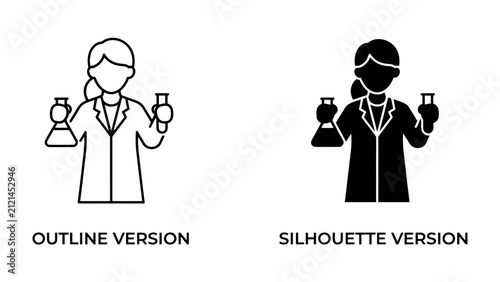 Scientist Icon Outline and Silhouette: A clear representation of a scientist, depicted in both an outline and a solid silhouette, holding laboratory glassware.