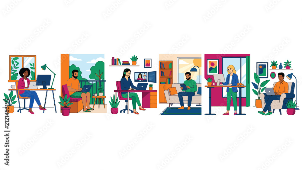 Fototapeta premium Remote Work from Home Flat Vector Illustration with Young Freelancers Using Laptops and Computers.
