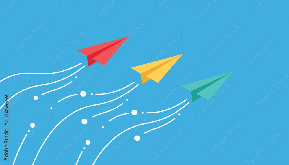 Fototapeta premium Three colorful paper airplanes flying upwards leaving white trails on a blue background representing goal achievement.