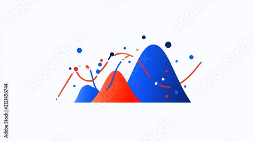 A colorful abstract design with geometric shapes and lines on a white background.
