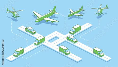 Isometric transportation network diagram showing green cars, trucks, airplanes, and helicopters on roads and sky routes.